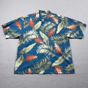 Tommy Bahama Shirt Men L Blue Tropical Silk Camp Button Hawaiian Loop Collar EUC